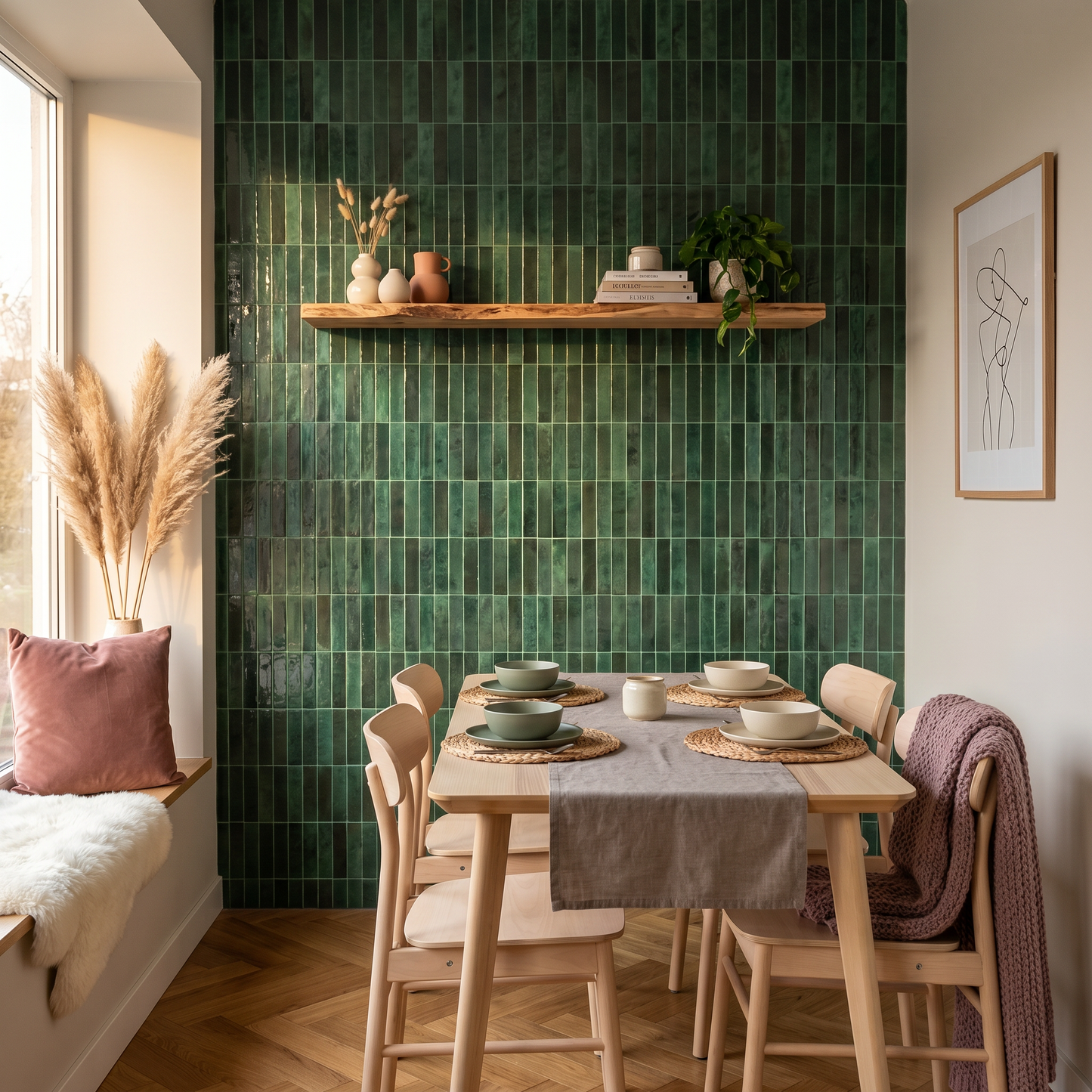 Fjord Reflection Mosskog mörkgrön glaserad 3D vinyl kakel – accent-vägg matrum nordisk stil