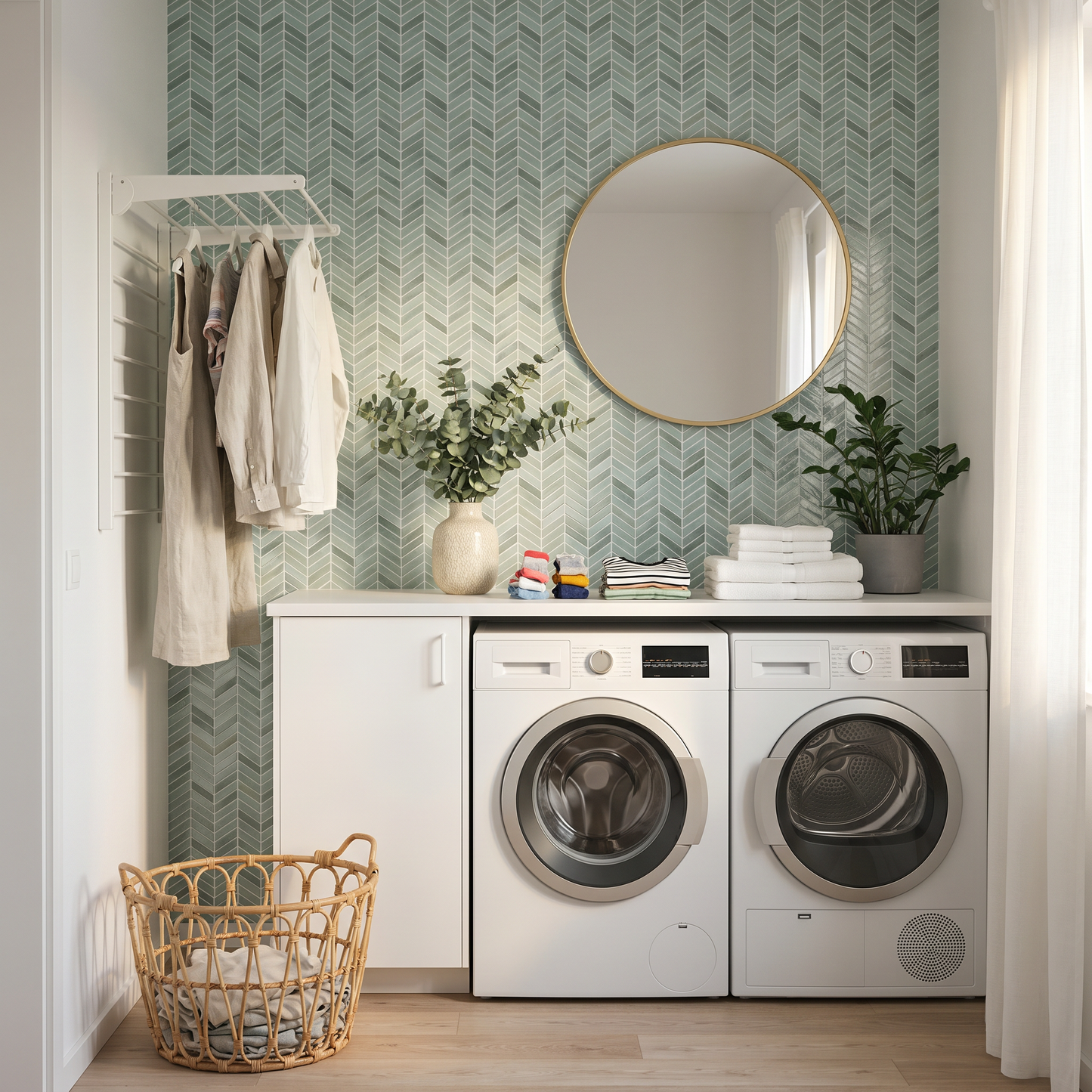 Nordic Elements Arktisk Dimma mintgrön geometrisk kakel i tvättstuga – 3D vinyl självhäftande