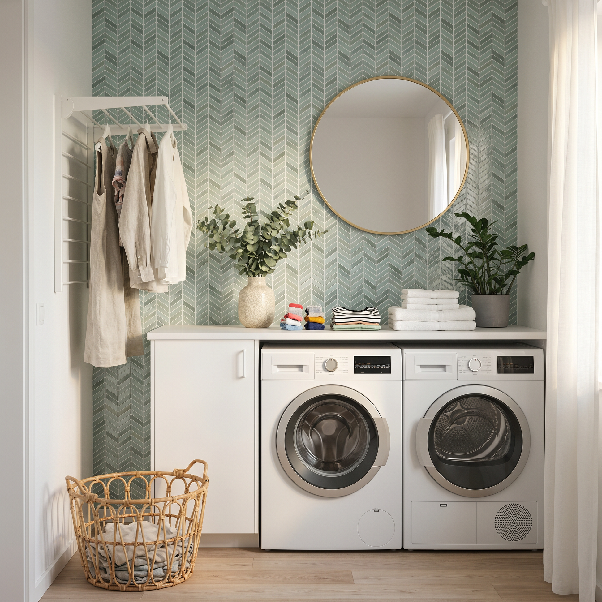 Nordic Elements Arktisk Dimma mintgrön geometrisk kakel i tvättstuga – 3D vinyl självhäftande