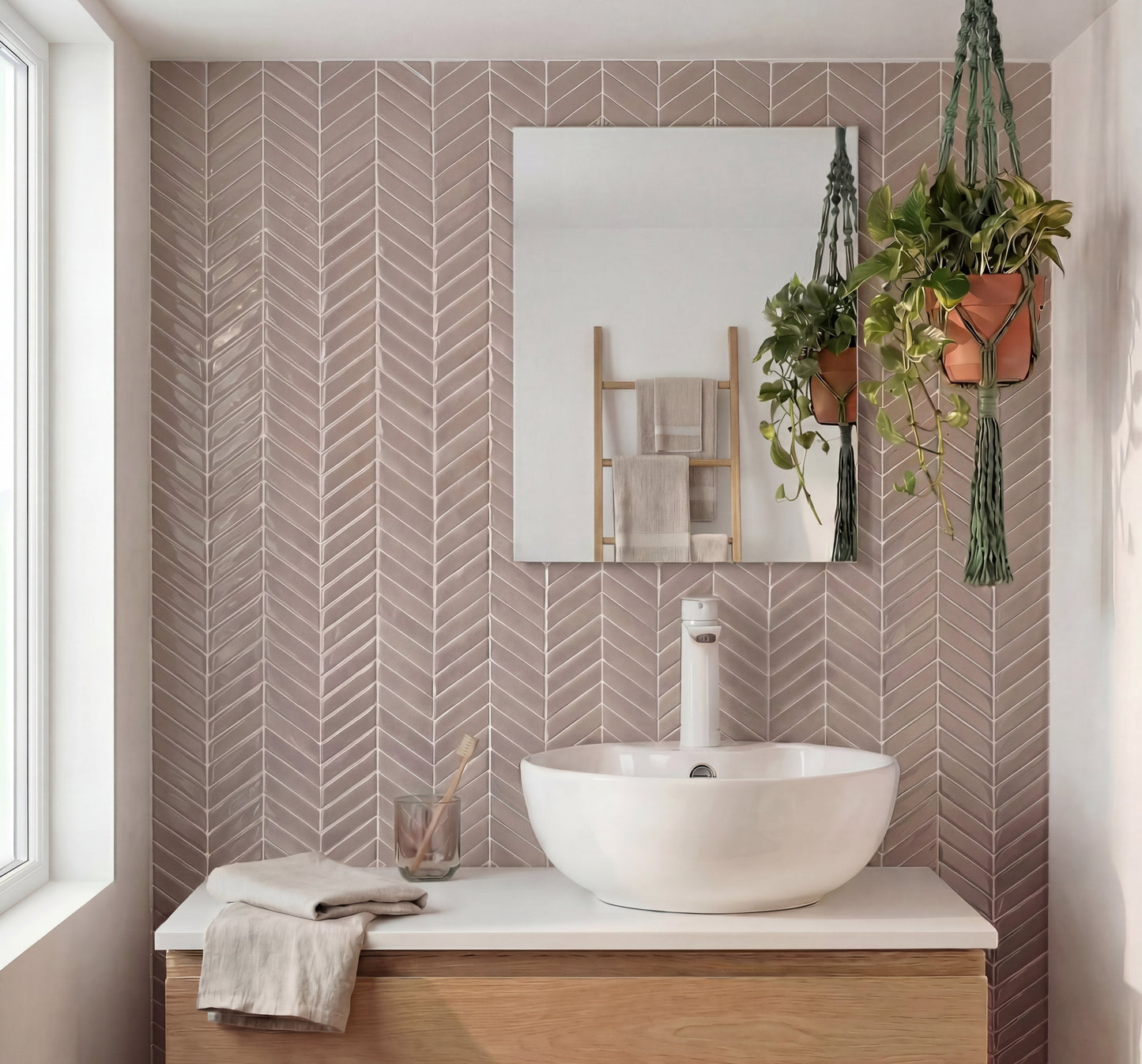 Nordic Elements geometrisk 3D vinyl kakel i modernt skandinaviskt badrum – DekorStickers