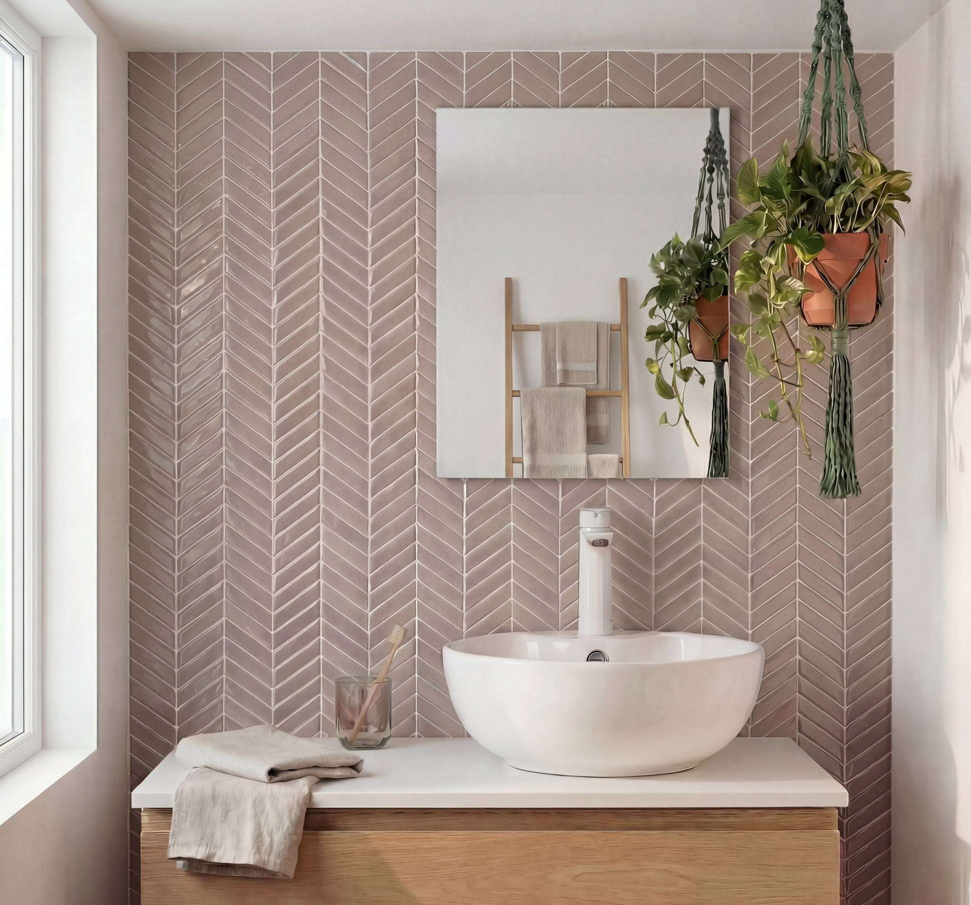 Nordic Elements geometrisk 3D vinyl kakel i modernt skandinaviskt badrum – DekorStickers